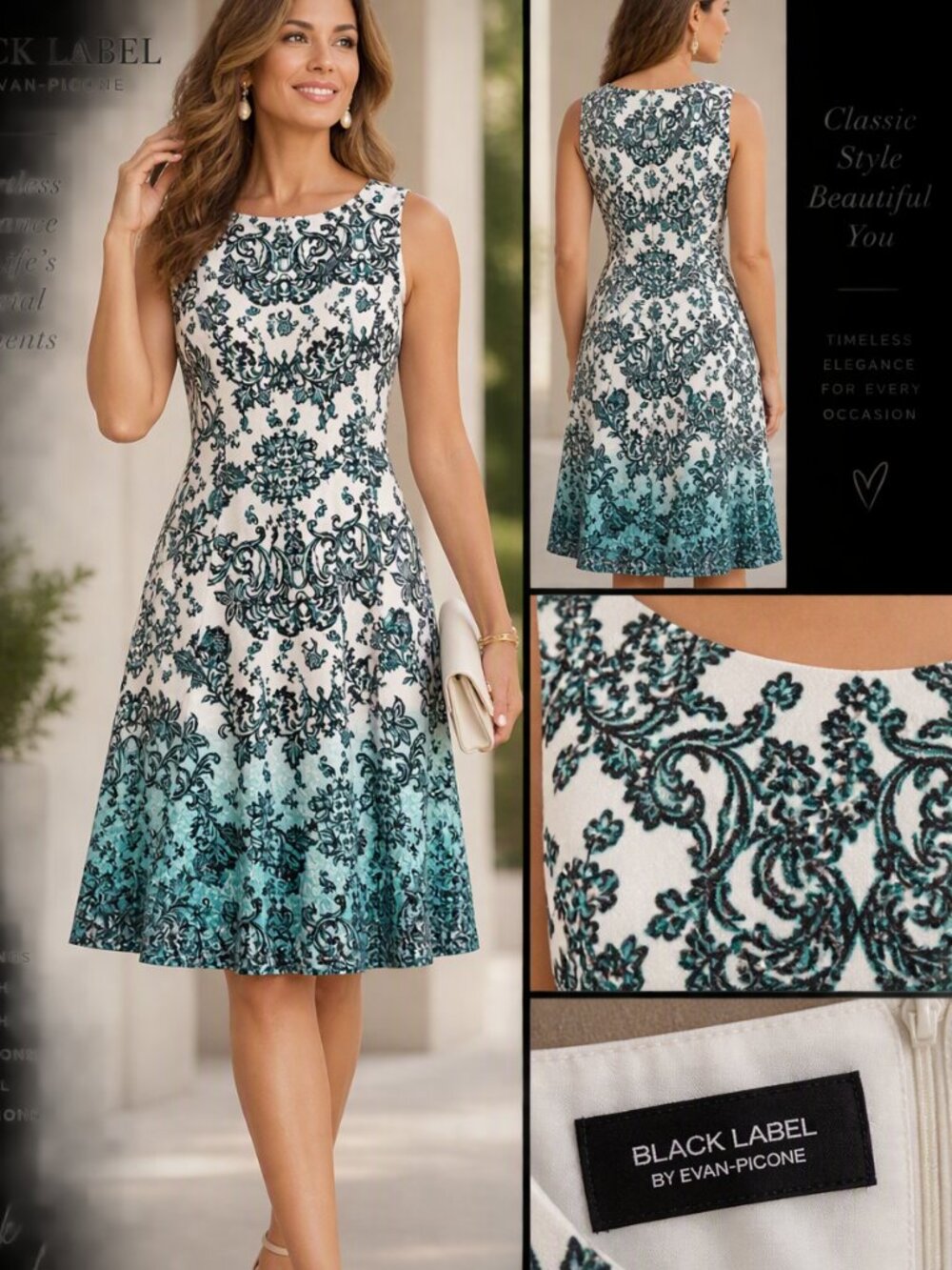 BLACK LABEL by Evan-Picone Teal Scroll Print Fit & Flare Dress